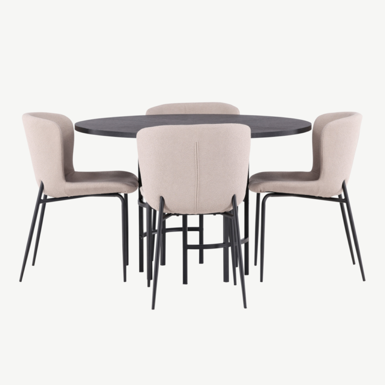 Ümmargune söögilaud Copenhagen musta MDF-plaadiga ja Modesto beežid söögitoolid (Ø115cm) - GR23219