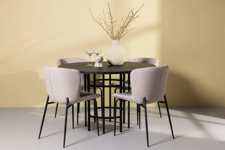 Ümmargune söögilaud Copenhagen musta MDF-plaadiga ja Modesto beežid söögitoolid (Ø115cm) - GR23219