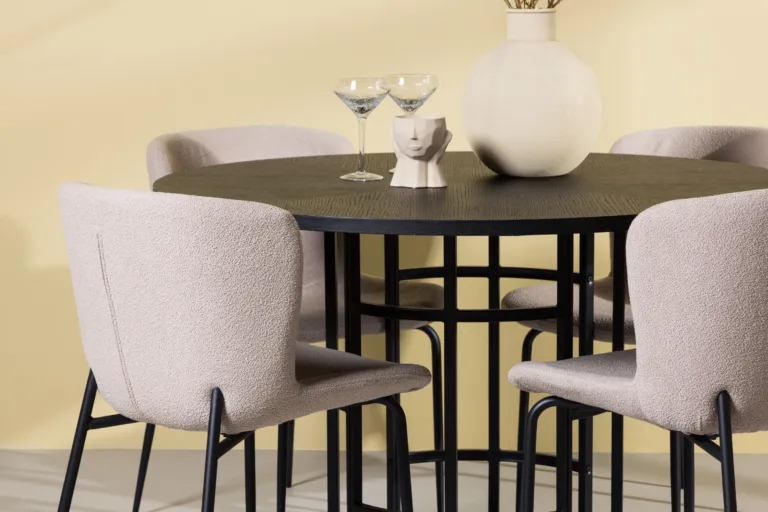 Ümmargune söögilaud Copenhagen musta MDF-plaadiga ja Modesto beežid söögitoolid (Ø115cm) - GR23219