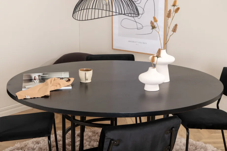 Ümmargune söögilaud Copenhagen musta viimistlusega ja Kenth sametist must tool, GR22284 – 6