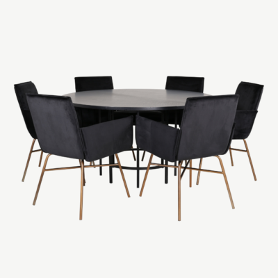 Ümmargune söögilaud Copenhagen musta viimistlusega ja Petra sametist söögitoolid (6 tk), 140 cm - GR22286