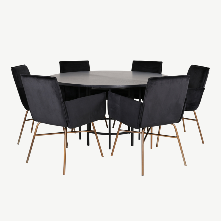 Ümmargune söögilaud Copenhagen musta viimistlusega ja Petra sametist söögitoolid (6 tk), 140 cm - GR22286