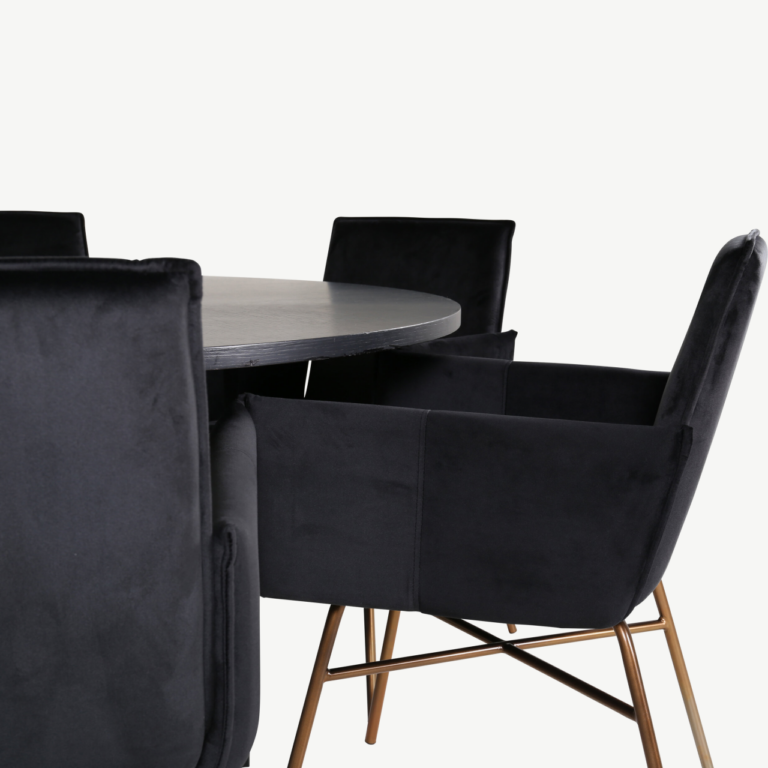 Ümmargune söögilaud Copenhagen musta viimistlusega ja Petra sametist söögitoolid (6 tk), 140 cm - GR22286