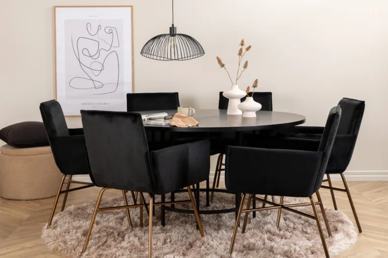 Ümmargune söögilaud Copenhagen musta viimistlusega ja Petra sametist söögitoolid (6 tk), 140 cm - GR22286
