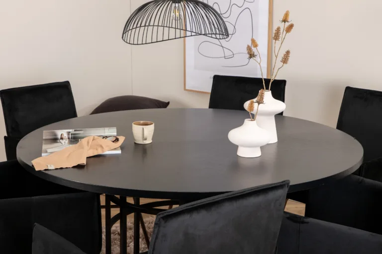 Ümmargune söögilaud Copenhagen musta viimistlusega ja Petra sametist söögitoolid (6 tk), 140 cm - GR22286