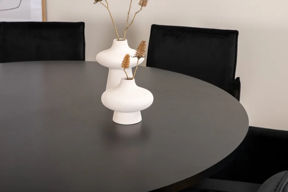 Ümmargune söögilaud Copenhagen musta viimistlusega ja Petra sametist söögitoolid (6 tk), 140 cm, GR22286 – 9