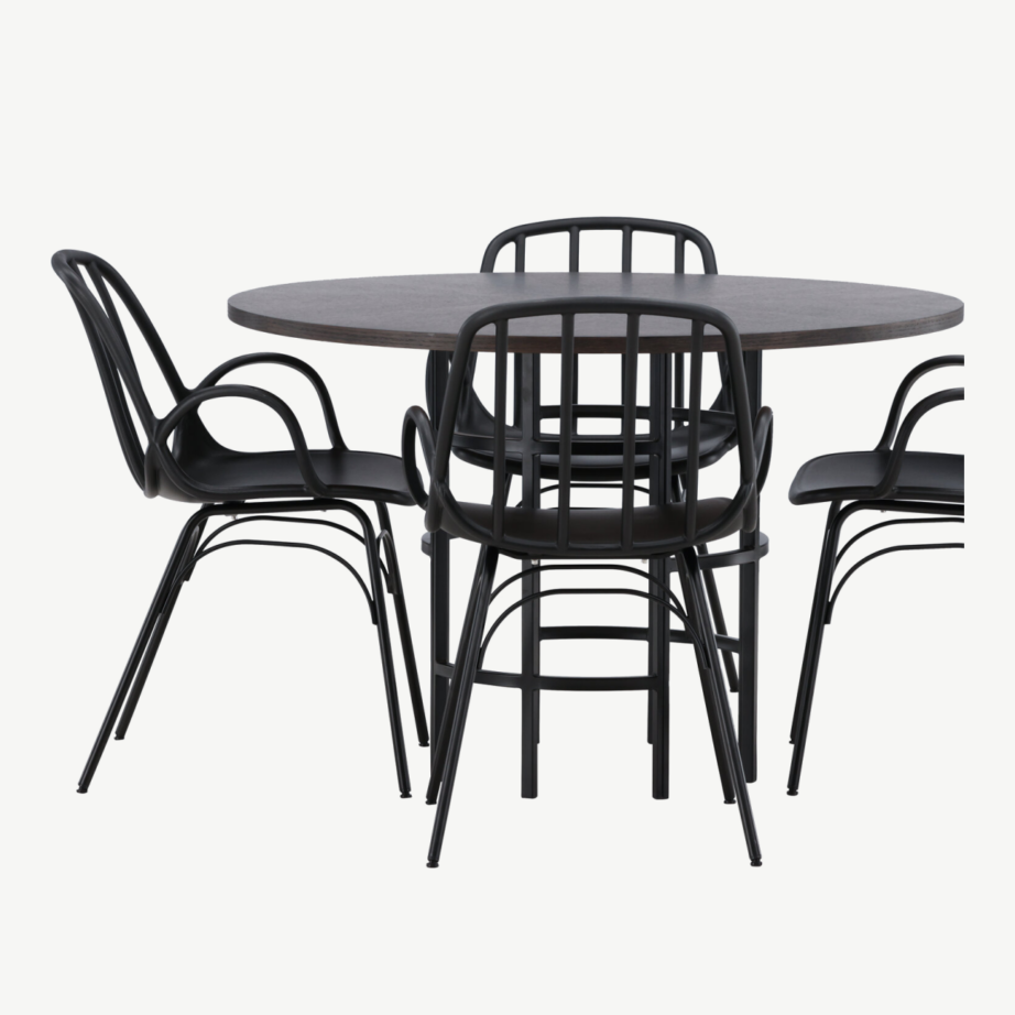 Ümmargune söögilaud Copenhagen nelja musta Dyröni tooliga (MDF mokkatoon, terasraam), GR23198 – 2