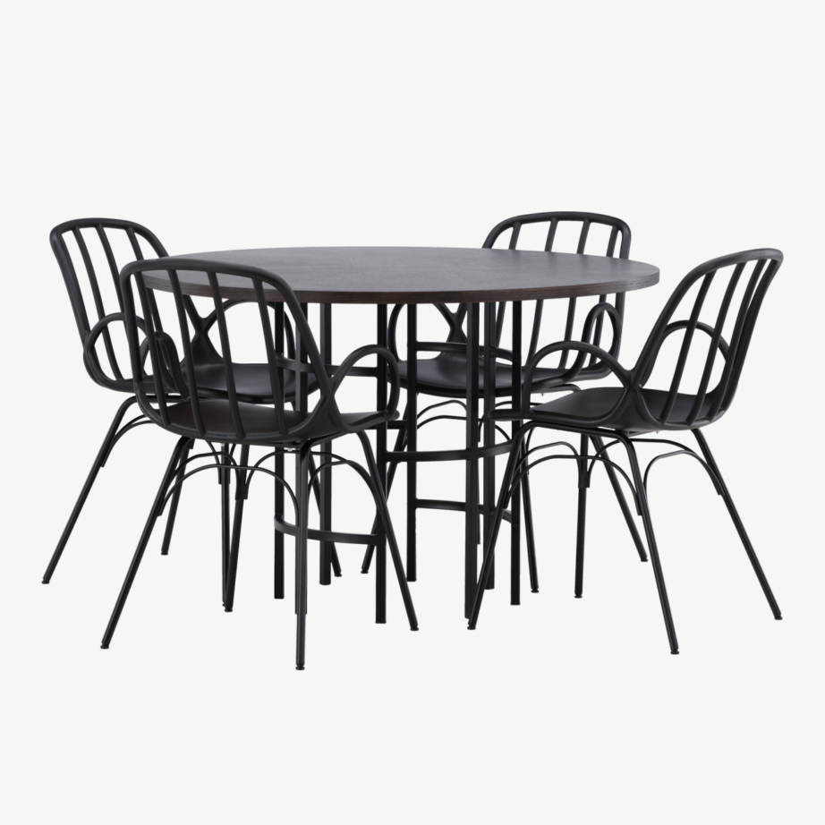 Ümmargune söögilaud Copenhagen nelja musta Dyröni tooliga (MDF mokkatoon, terasraam), GR23198 – 3