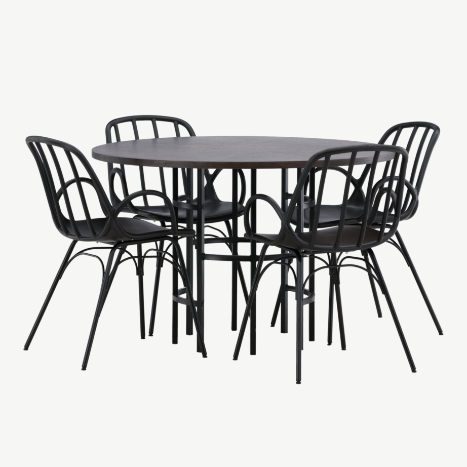 Ümmargune söögilaud Copenhagen nelja musta Dyröni tooliga (MDF mokkatoon, terasraam), GR23198 – 4