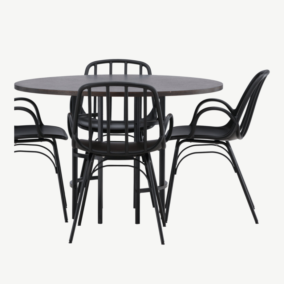Ümmargune söögilaud Copenhagen nelja musta Dyröni tooliga (MDF mokkatoon, terasraam), GR23198 – 5