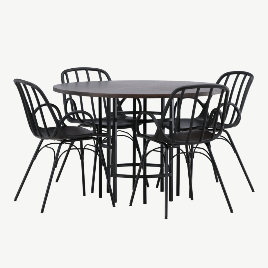 Ümmargune söögilaud Copenhagen nelja musta Dyröni tooliga (MDF mokkatoon, terasraam), GR23198 – 6