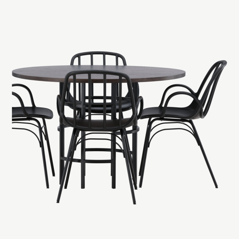 Ümmargune söögilaud Copenhagen nelja musta Dyröni tooliga (MDF mokkatoon, terasraam), GR23198 – 7