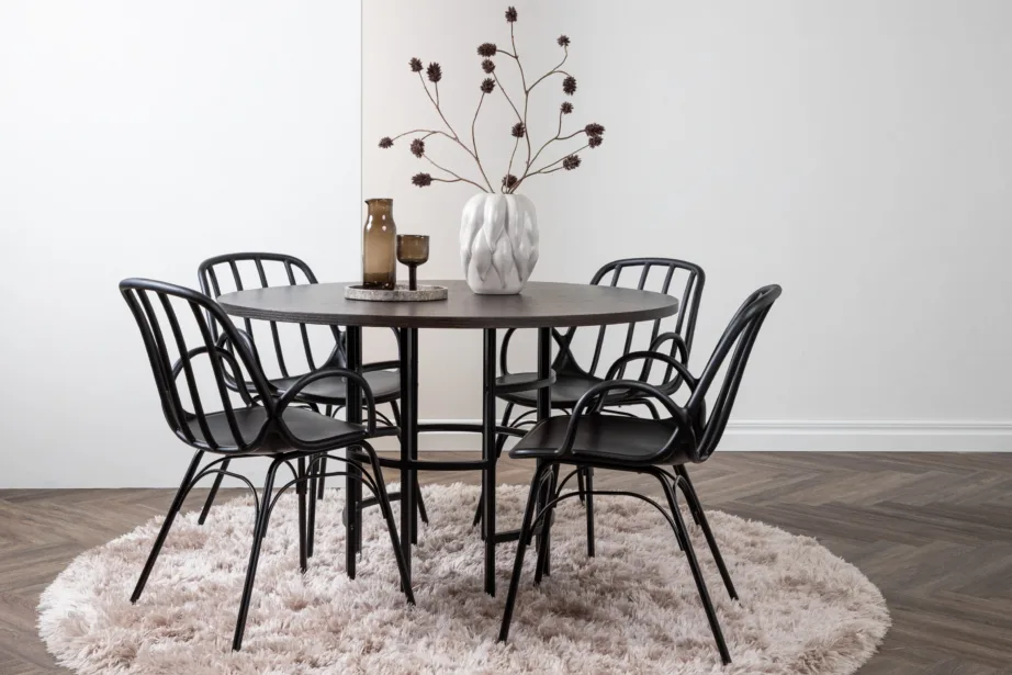 Ümmargune söögilaud Copenhagen nelja musta Dyröni tooliga (MDF mokkatoon, terasraam), GR23198 – 8