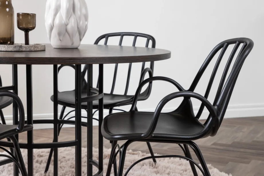 Ümmargune söögilaud Copenhagen nelja musta Dyröni tooliga (MDF mokkatoon, terasraam), GR23198 – 9