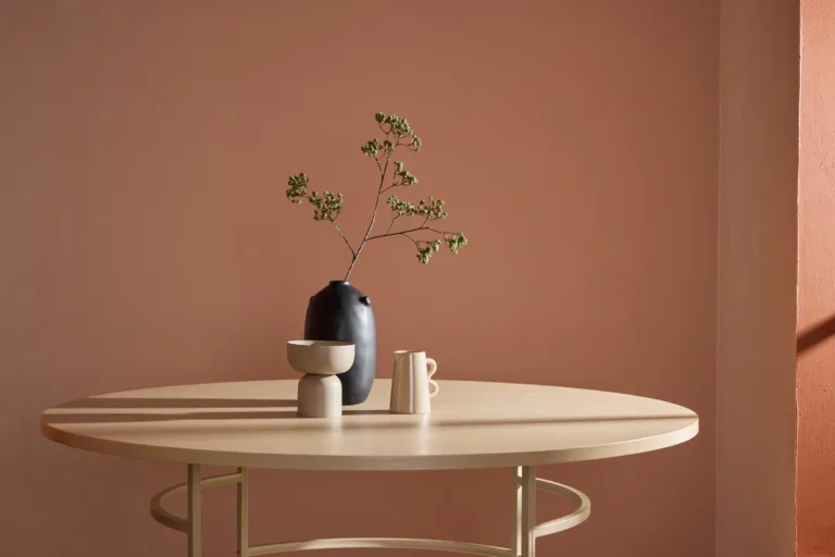 Ümmargune söögilaud Copenhagen (valge peitsiga MDF, beež metalljalg, ø140 cm) - 62031-112