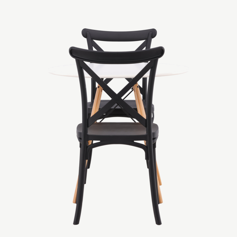 Ümmargune söögilaud Danburi koos musta plastikust Crosett tooliga (valge MDF, pöögipuidust jalad, ø60cm), GR23167 – 2