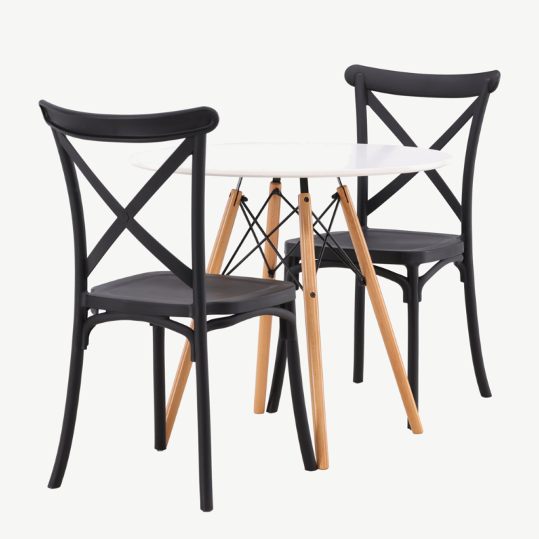 Ümmargune söögilaud Danburi koos musta plastikust Crosett tooliga (valge MDF, pöögipuidust jalad, ø60cm) - GR23167