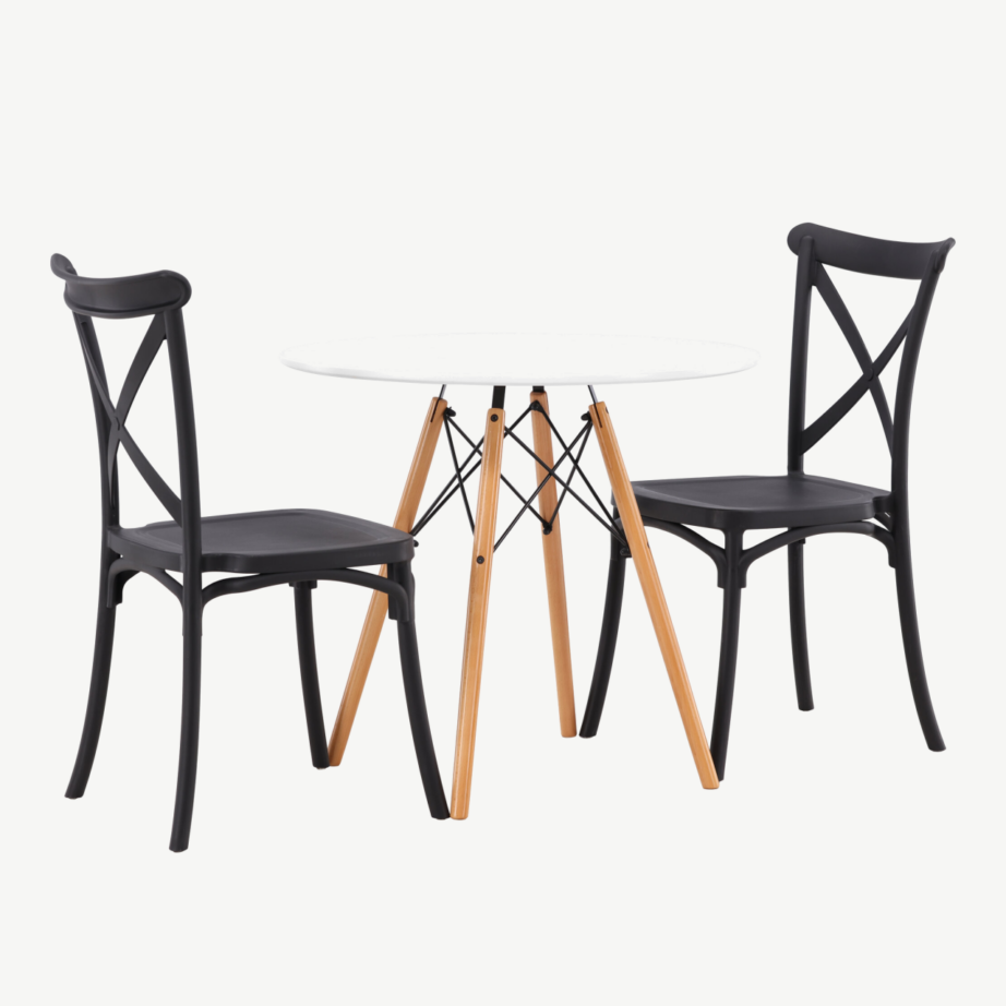 Ümmargune söögilaud Danburi koos musta plastikust Crosett tooliga (valge MDF, pöögipuidust jalad, ø60cm), GR23167 – 4