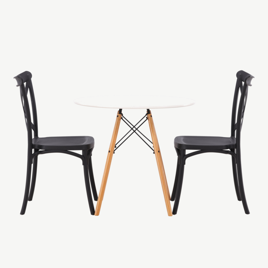 Ümmargune söögilaud Danburi koos musta plastikust Crosett tooliga (valge MDF, pöögipuidust jalad, ø60cm), GR23167 – 5