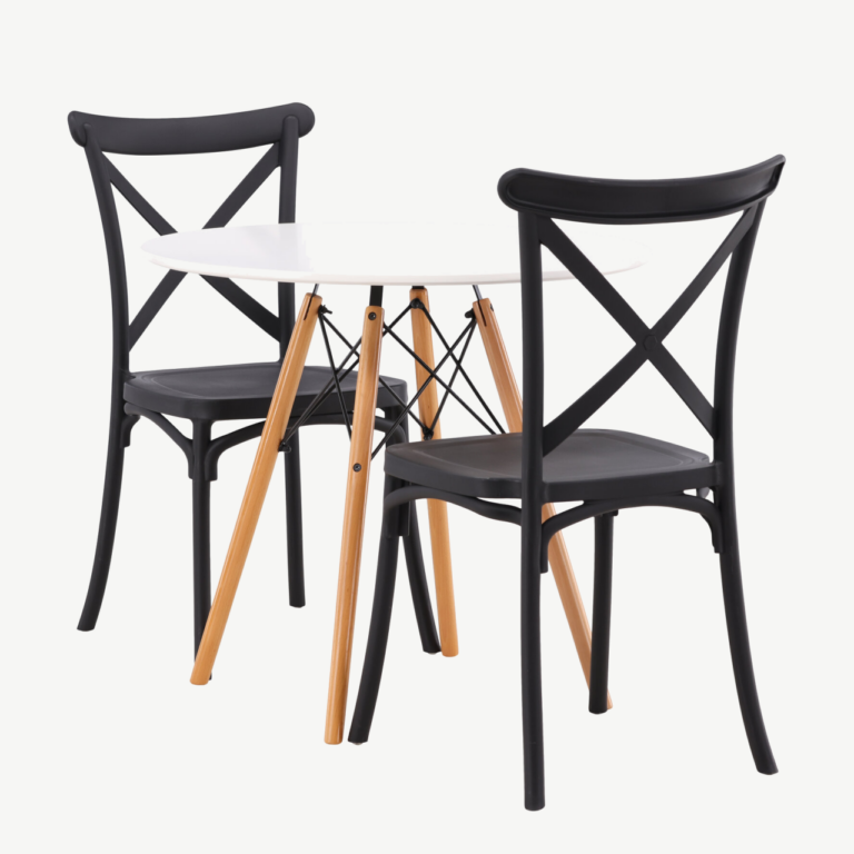 Ümmargune söögilaud Danburi koos musta plastikust Crosett tooliga (valge MDF, pöögipuidust jalad, ø60cm) - GR23167