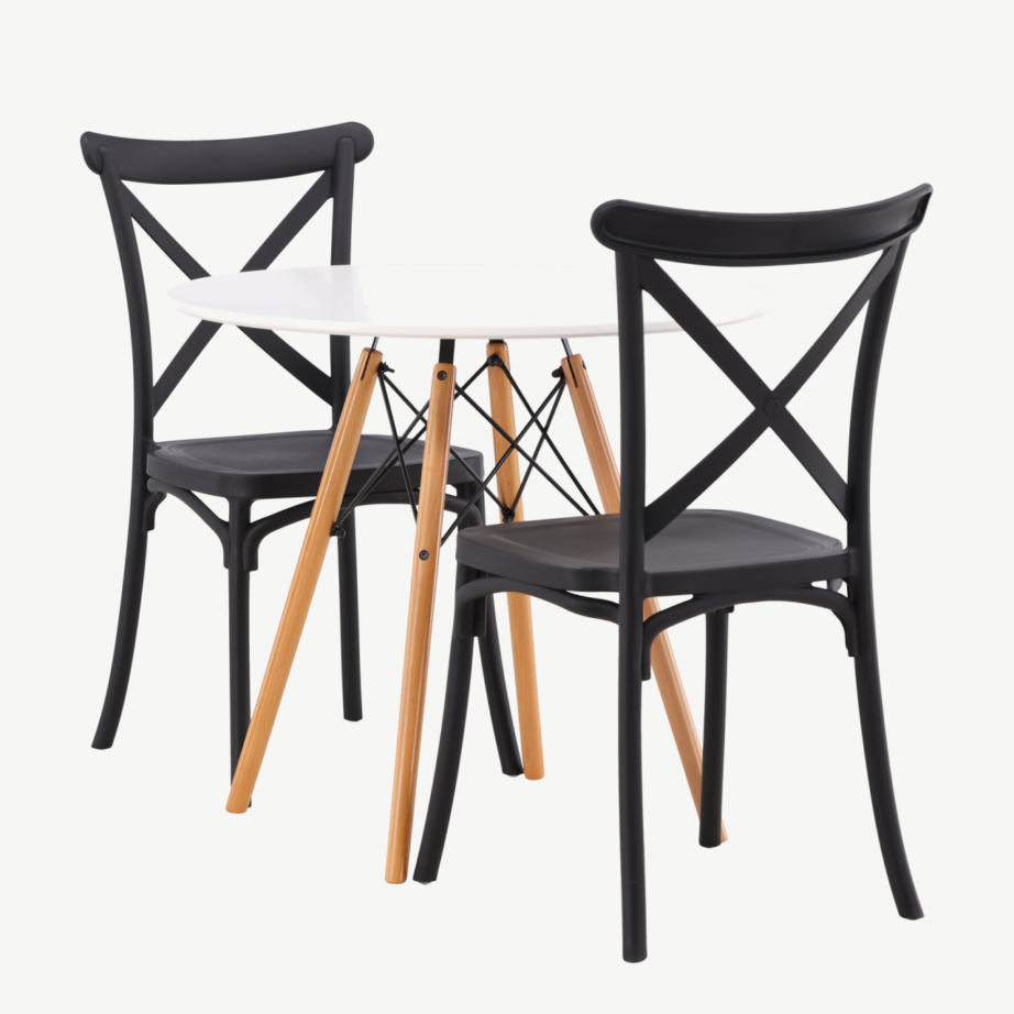 Ümmargune söögilaud Danburi koos musta plastikust Crosett tooliga (valge MDF, pöögipuidust jalad, ø60cm), GR23167 – 6