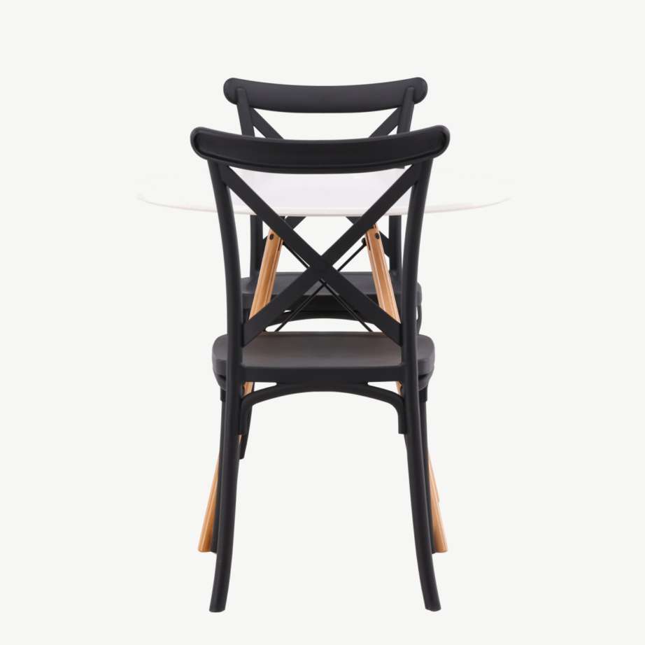 Ümmargune söögilaud Danburi koos musta plastikust Crosett tooliga (valge MDF, pöögipuidust jalad, ø60cm), GR23167 – 7