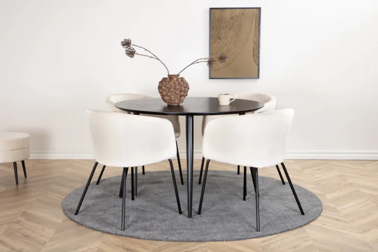 Ümmargune söögilaud Dipp (115 cm, must) ja Berit toolid (beež samet, mustad jalad) - GR22239