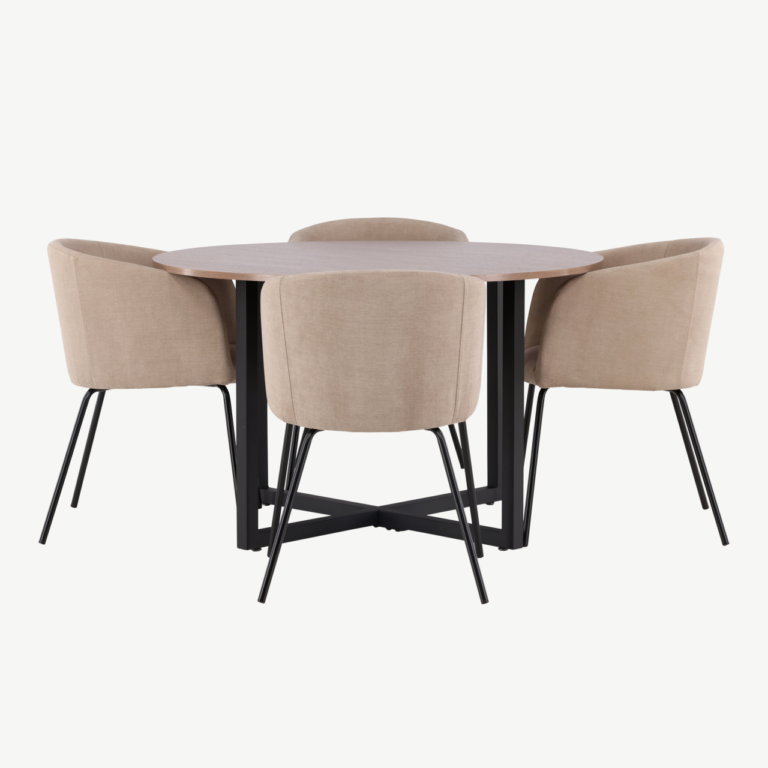 Ümmargune söögilaud Durango ja Berit söögitoolid (pähkel, must teras, beež kangas, Ø120 cm) - GR22944