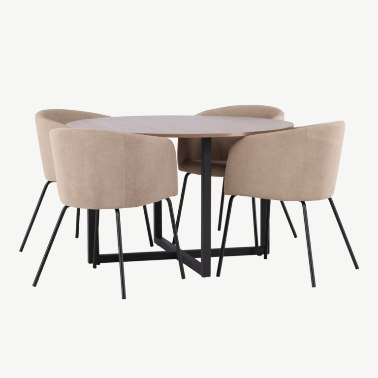 Ümmargune söögilaud Durango ja Berit söögitoolid (pähkel, must teras, beež kangas, Ø120 cm) - GR22944