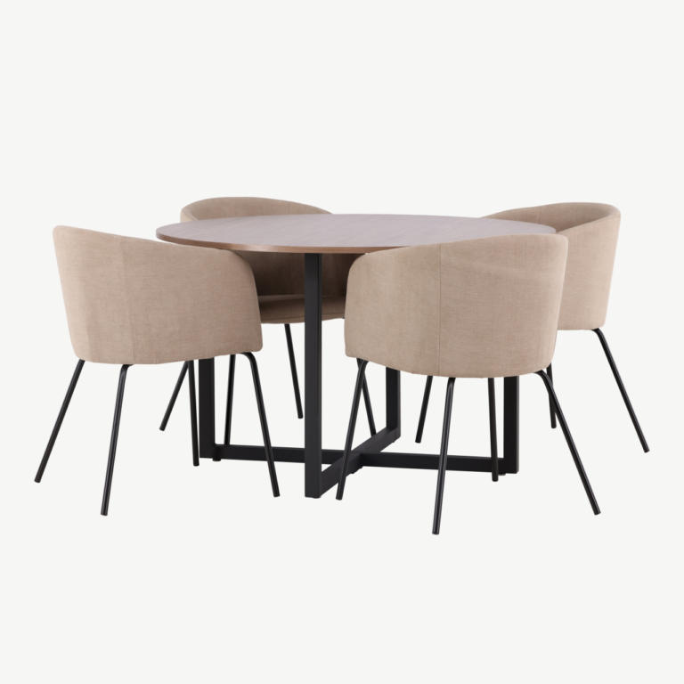 Ümmargune söögilaud Durango ja Berit söögitoolid (pähkel, must teras, beež kangas, Ø120 cm) - GR22944