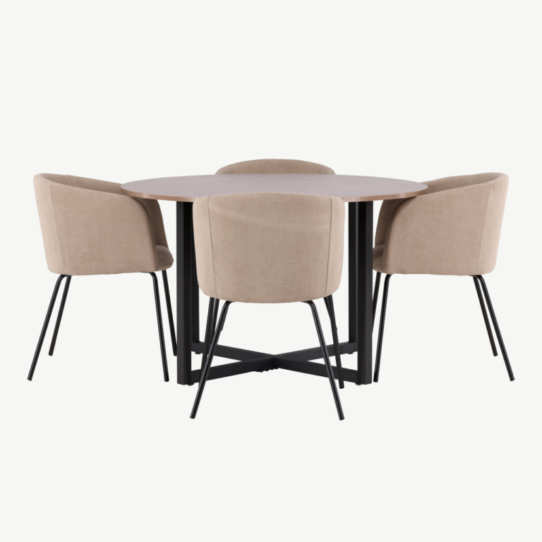 Ümmargune söögilaud Durango ja Berit söögitoolid (pähkel, must teras, beež kangas, Ø120 cm) - GR22944