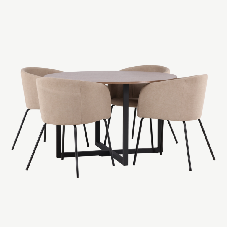 Ümmargune söögilaud Durango ja Berit söögitoolid (pähkel, must teras, beež kangas, Ø120 cm) - GR22944
