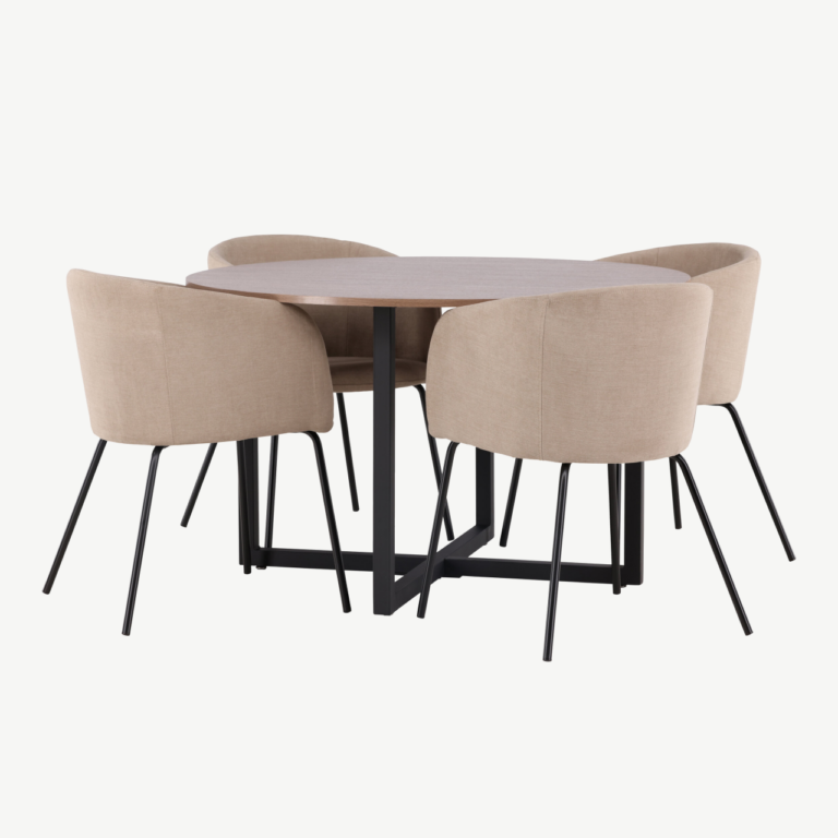 Ümmargune söögilaud Durango ja Berit söögitoolid (pähkel, must teras, beež kangas, Ø120 cm) - GR22944