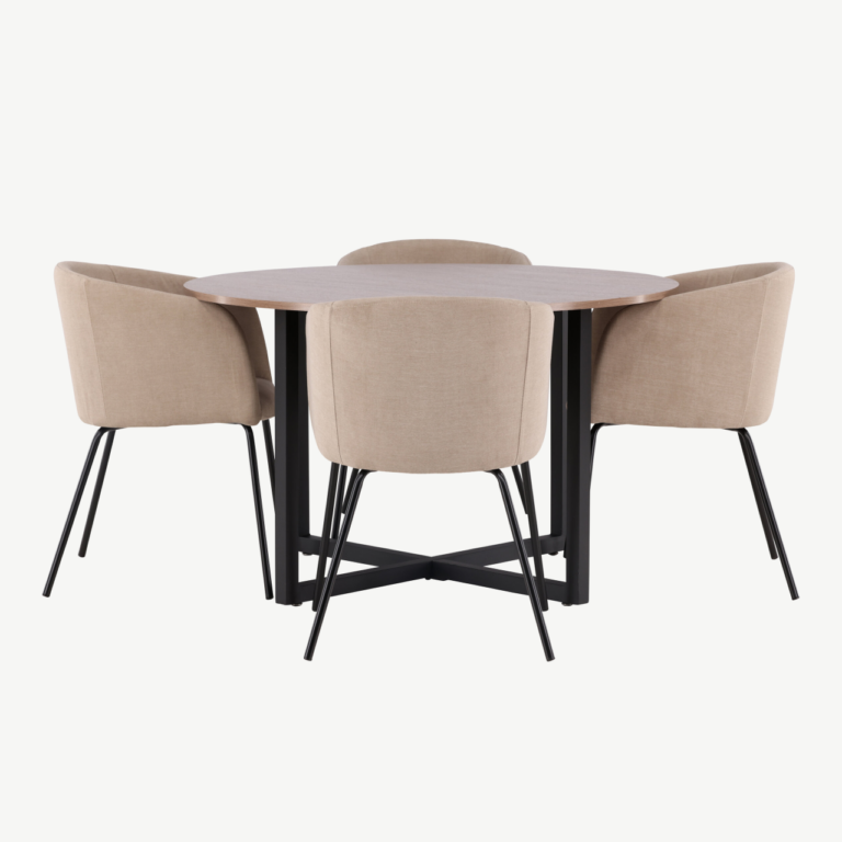 Ümmargune söögilaud Durango ja Berit söögitoolid (pähkel, must teras, beež kangas, Ø120 cm) - GR22944