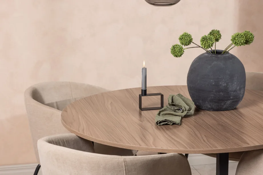 Ümmargune söögilaud Durango ja Berit söögitoolid (pähkel, must teras, beež kangas, Ø120 cm), GR22944 – 10