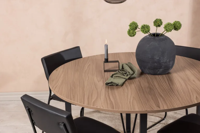 Ümmargune söögilaud Durango ja mustad Kenth toolid (MDF, teras, ø120 cm) - GR22946