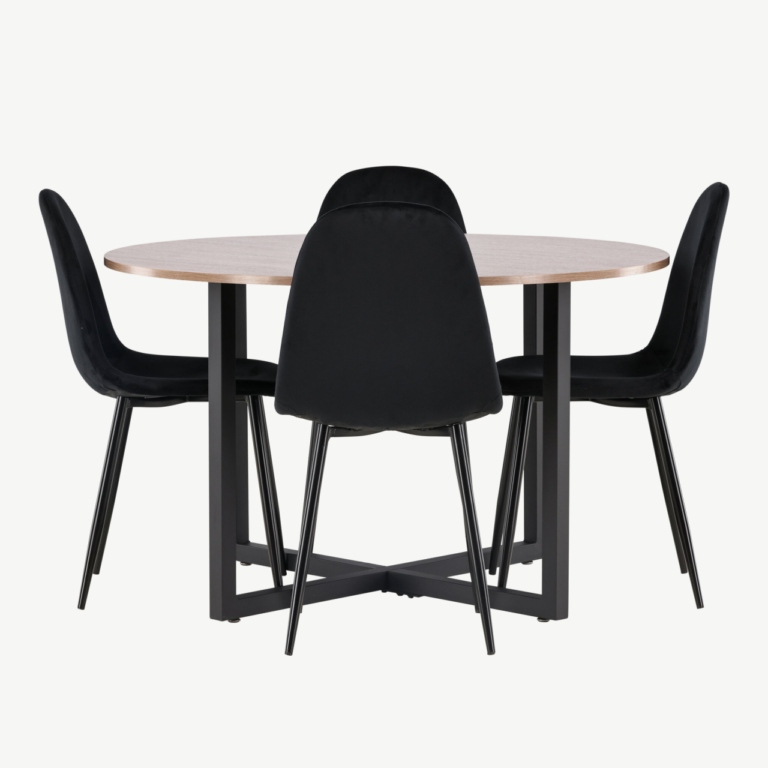 Ümmargune söögilaud Durango ja mustad velvetkattega Polar toolid (pähkel/MDF, ø120cm) - GR22947