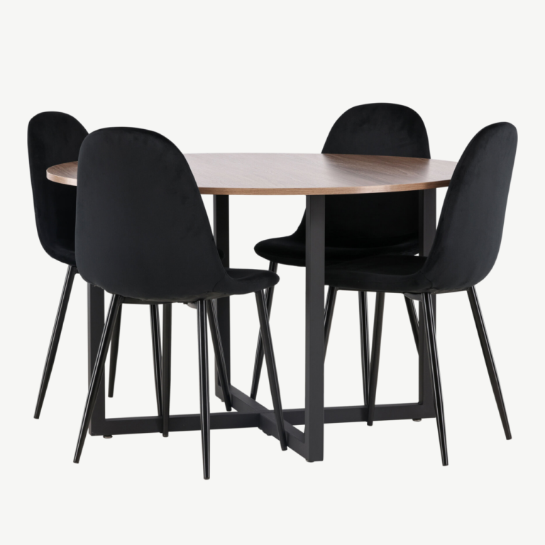 Ümmargune söögilaud Durango ja mustad velvetkattega Polar toolid (pähkel/MDF, ø120cm) - GR22947