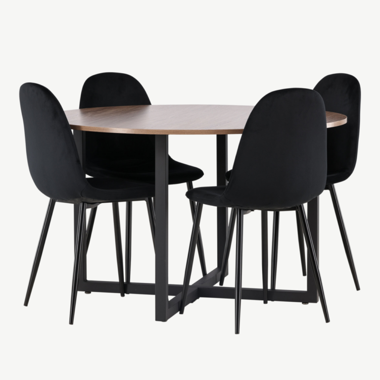Ümmargune söögilaud Durango ja mustad velvetkattega Polar toolid (pähkel/MDF, ø120cm) - GR22947