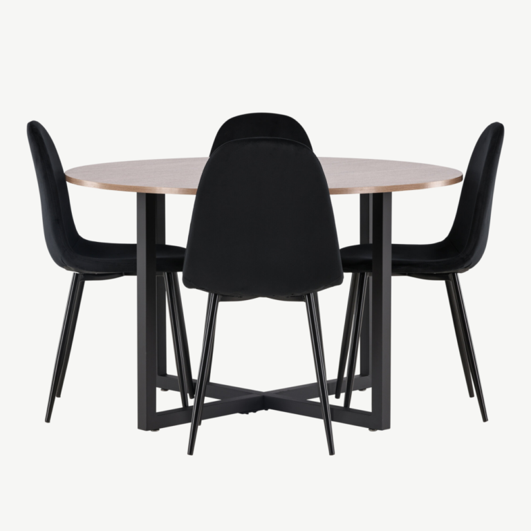 Ümmargune söögilaud Durango ja mustad velvetkattega Polar toolid (pähkel/MDF, ø120cm) - GR22947