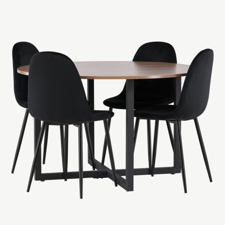 Ümmargune söögilaud Durango ja mustad velvetkattega Polar toolid (pähkel/MDF, ø120cm) - GR22947
