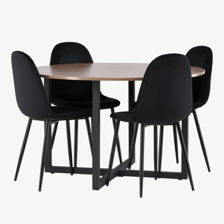 Ümmargune söögilaud Durango ja mustad velvetkattega Polar toolid (pähkel/MDF, ø120cm) - GR22947