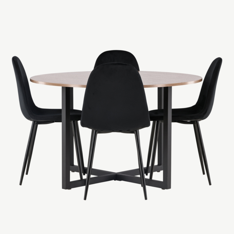 Ümmargune söögilaud Durango ja mustad velvetkattega Polar toolid (pähkel/MDF, ø120cm) - GR22947