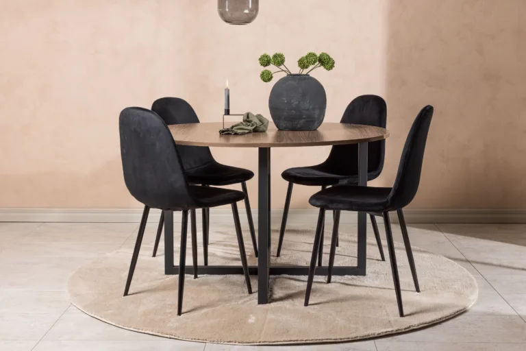 Ümmargune söögilaud Durango ja mustad velvetkattega Polar toolid (pähkel/MDF, ø120cm) - GR22947