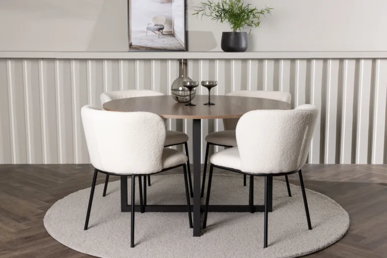 Ümmargune söögilaud Durango ja valge buklee kangaga tool Edina (pähkel/must, ø120cm) - GR23928