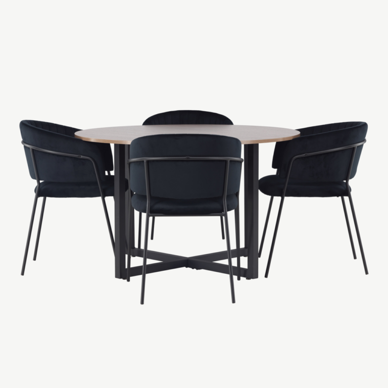 Ümmargune söögilaud Durango nelja musta sametist tooliga Selma (pähkel, ø120cm) - GR23927