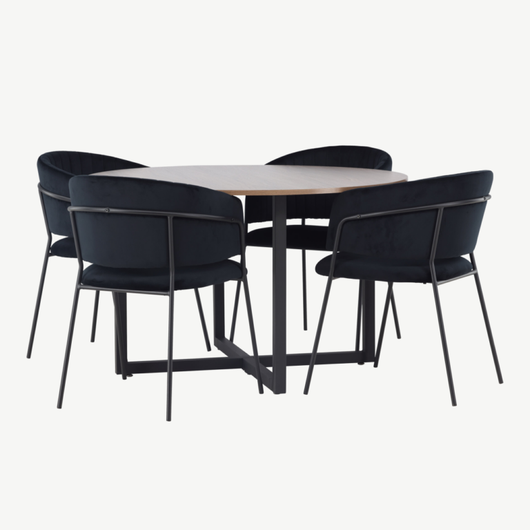 Ümmargune söögilaud Durango nelja musta sametist tooliga Selma (pähkel, ø120cm) - GR23927