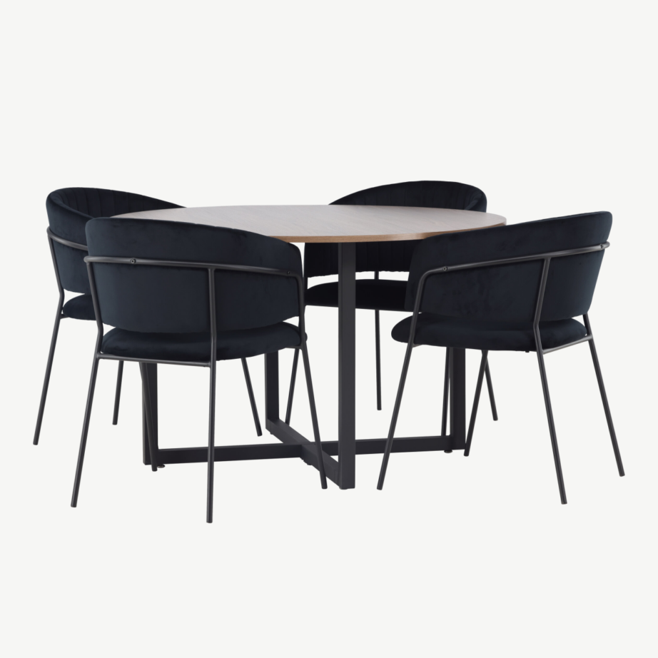 Ümmargune söögilaud Durango nelja musta sametist tooliga Selma (pähkel, ø120cm), GR23927 – 3