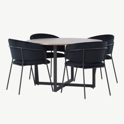 Ümmargune söögilaud Durango nelja musta sametist tooliga Selma (pähkel, ø120cm) - GR23927