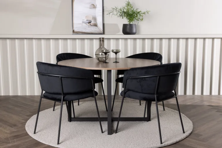 Ümmargune söögilaud Durango nelja musta sametist tooliga Selma (pähkel, ø120cm) - GR23927